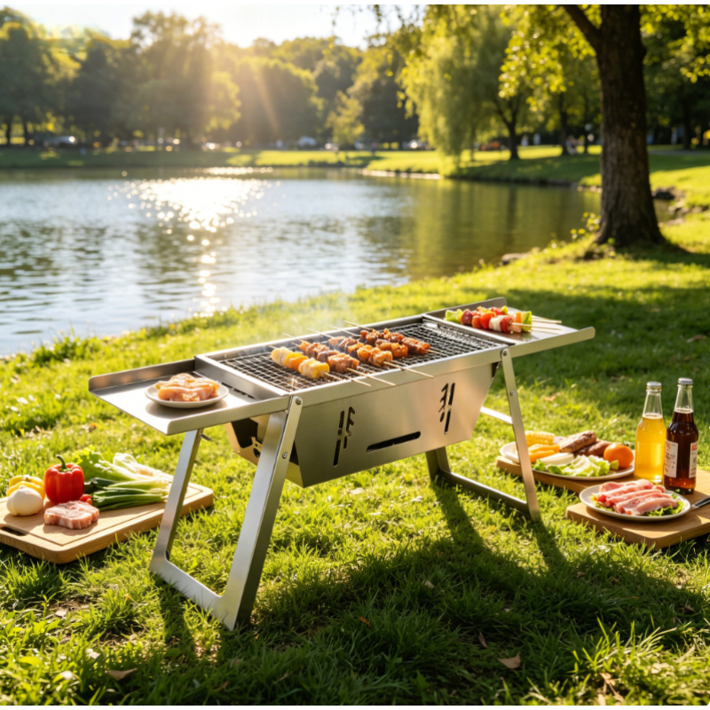 Camping Cooking Set Compact - Churrasqueira Portátil de Aço Inoxidável, Fogão